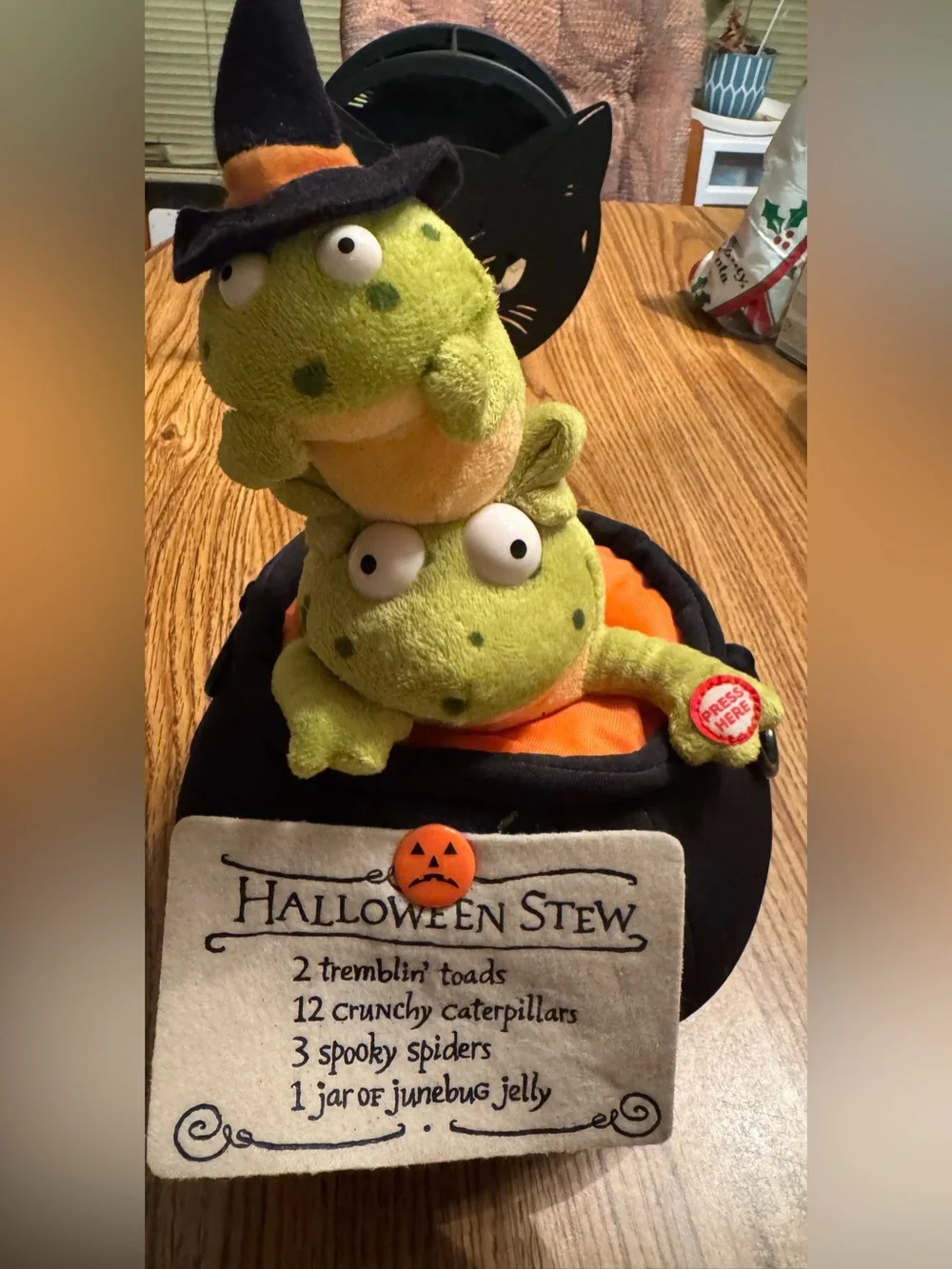 Halloween decoration two plush toads black cauldron musical hallmark
